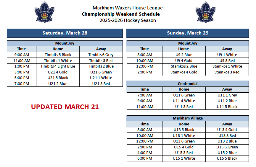 2025-2026 Championship Weekend Schedule